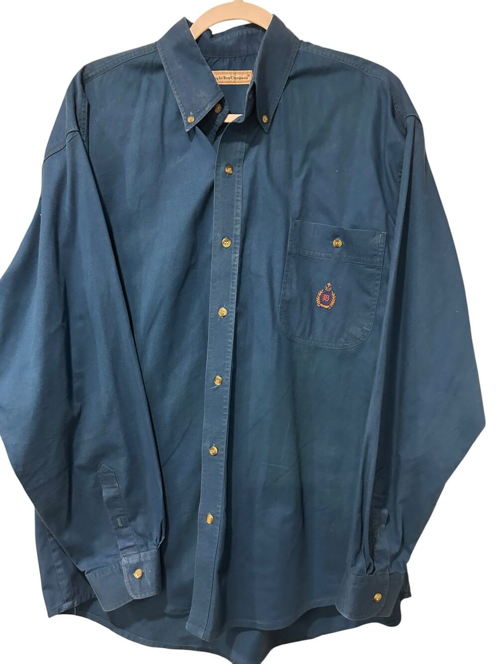 Vintage 90s Bugle Boy Shirt Preppy Heritage Men XL Blue Cotton Crest Button Down